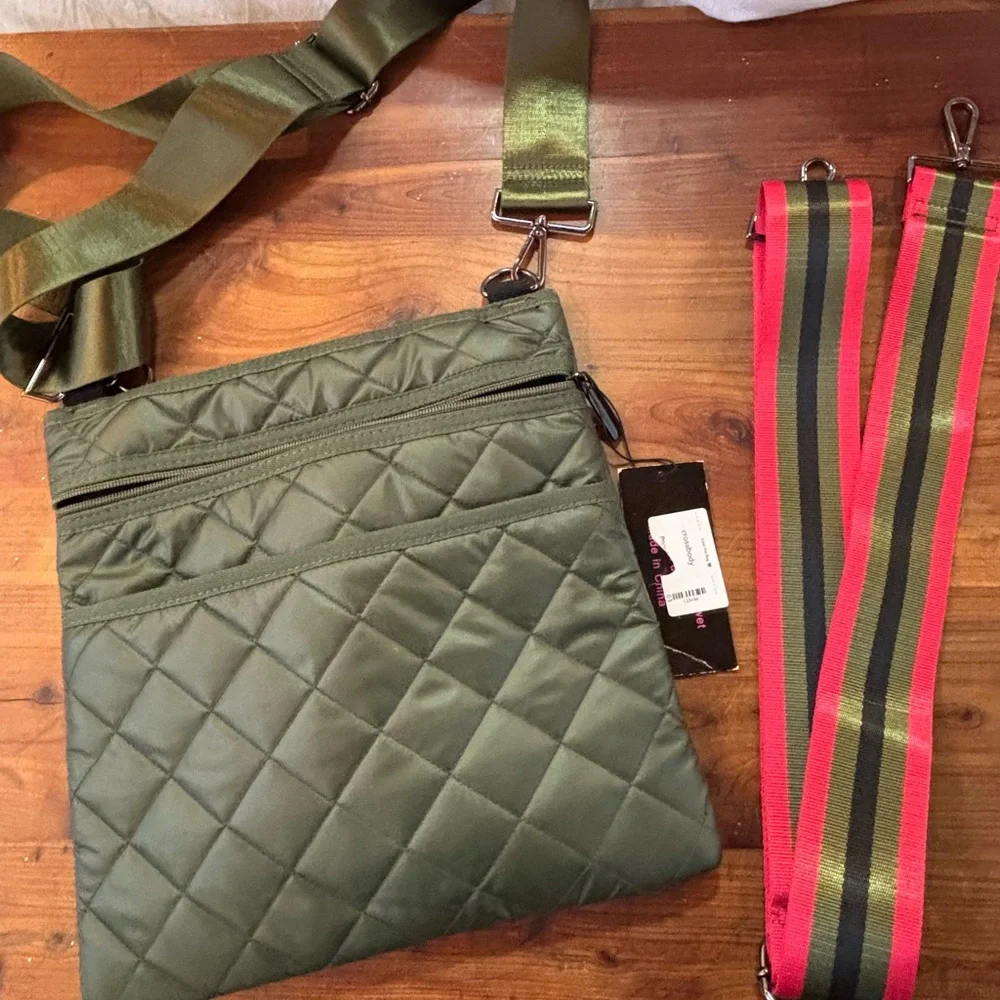 HAUTE SHORE Green Quilted Messenger Bag with Red and Black Strap - Picture 2 of 9